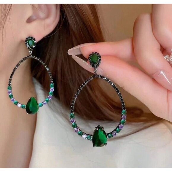 Teardrop Black & Green Crystal Statement Earrings With Purple Accents For Women - Picture 3 of 4